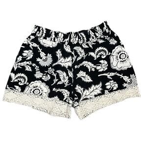 Calligraphie Shorts Linen Blend Women's SZ M Black Floral Lace Trim Whimsy